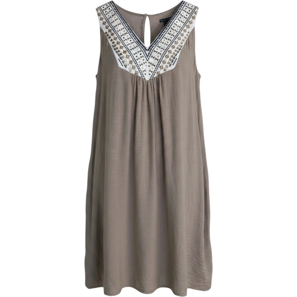 Luxology Taupe Sleeveless Embroidered Sequin V-Neck Shift Dress Y7365114